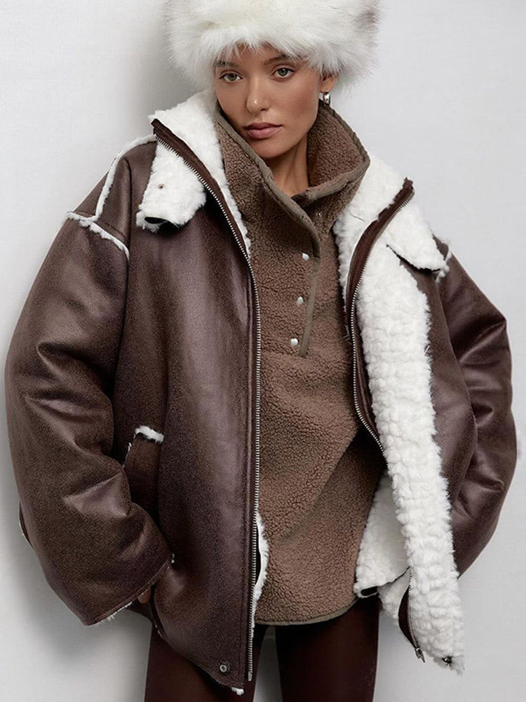 Women's Oversized Pilot Jacket in Vintage Look with Sherpa Lining and Contrast Trimmings EVA-US