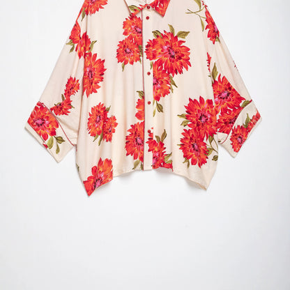 Women's oversized shirt blouse with large floral print, lapel collar and continuous button placket EVA-US