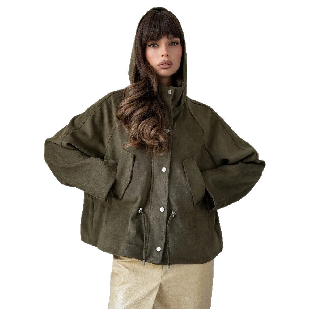 Women's short jacket made of suede look with hood, drawstring waist and patch pockets EVA-US