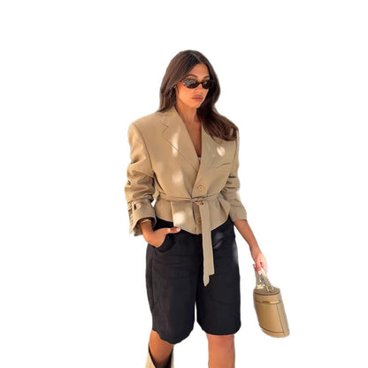 Women's Tailored Cropped Blazer with Belt and Remarkable Shoulder Area EVA-US