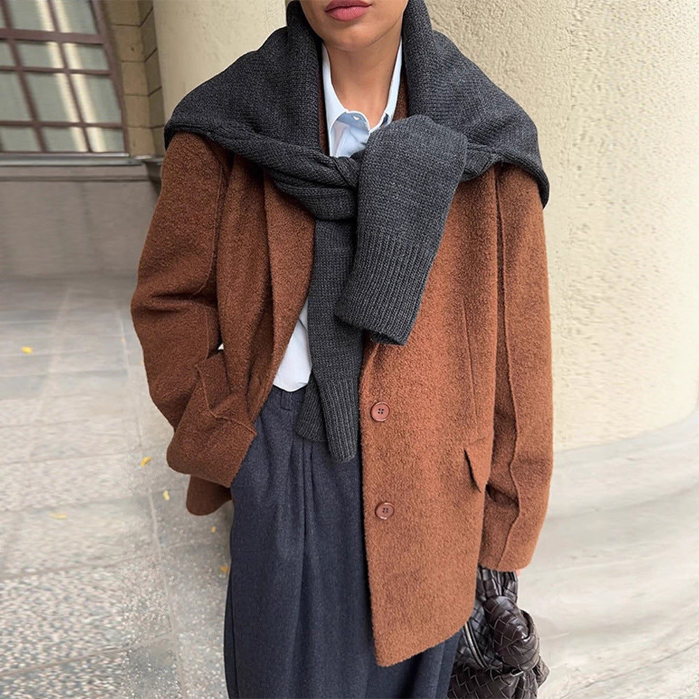 Women Boxy Wool Blend Short Coat with Textured Surface, Notched Collar & Flap Pockets EVA-US