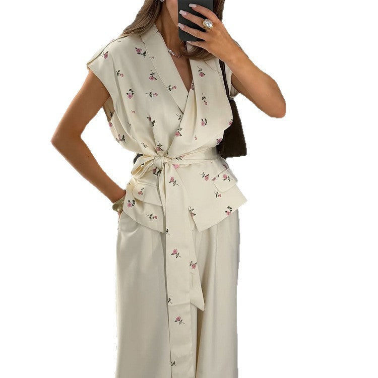Women's Sleeveless Wrap Top with Tailored Tie Belt and Patch Pockets EVA-US