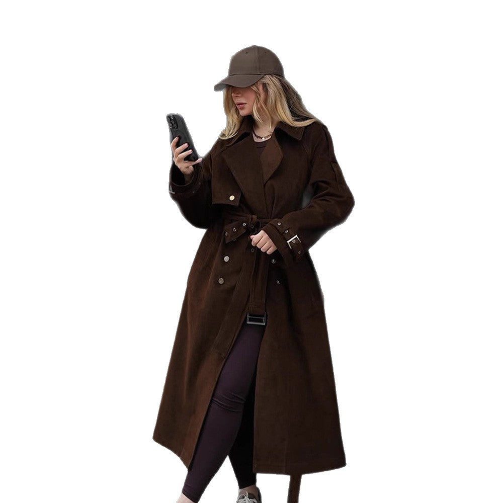 Women's maxi long trench coat in velour look with double-breasted button placket and oversized cut EVA-US