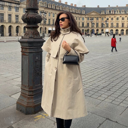Women's Oversized Trench Coat with Cape Detail and High Stand Collar EVA-US