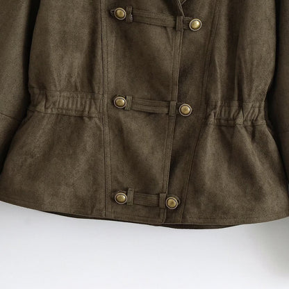 Women's Cropped Suede-Look Jacket with Shawl Collar, Waist Gather and Decorative Toggle Buttons EVA-US
