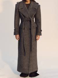 Women's Maxi Length Tailored Wool Blend Coat with Wrap Belt and Generous Notch Collar EVA-US