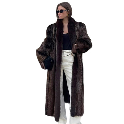 Women Luxurious Long Fur Coat with Wide Collar and Voluminous Sleeves EVA-US