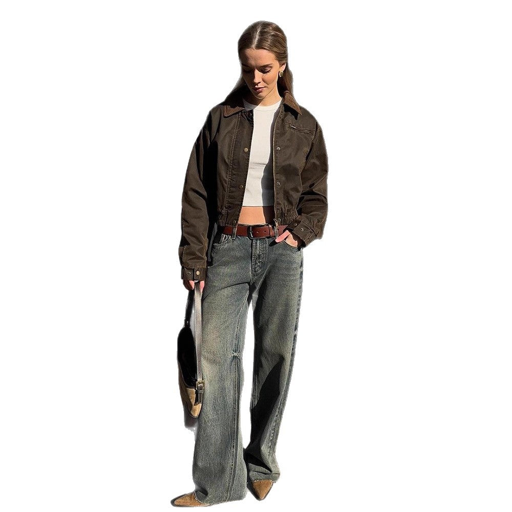 Women's Short Quilted Blouson Jacket in Leopard Pattern with Cord Collar EVA-US