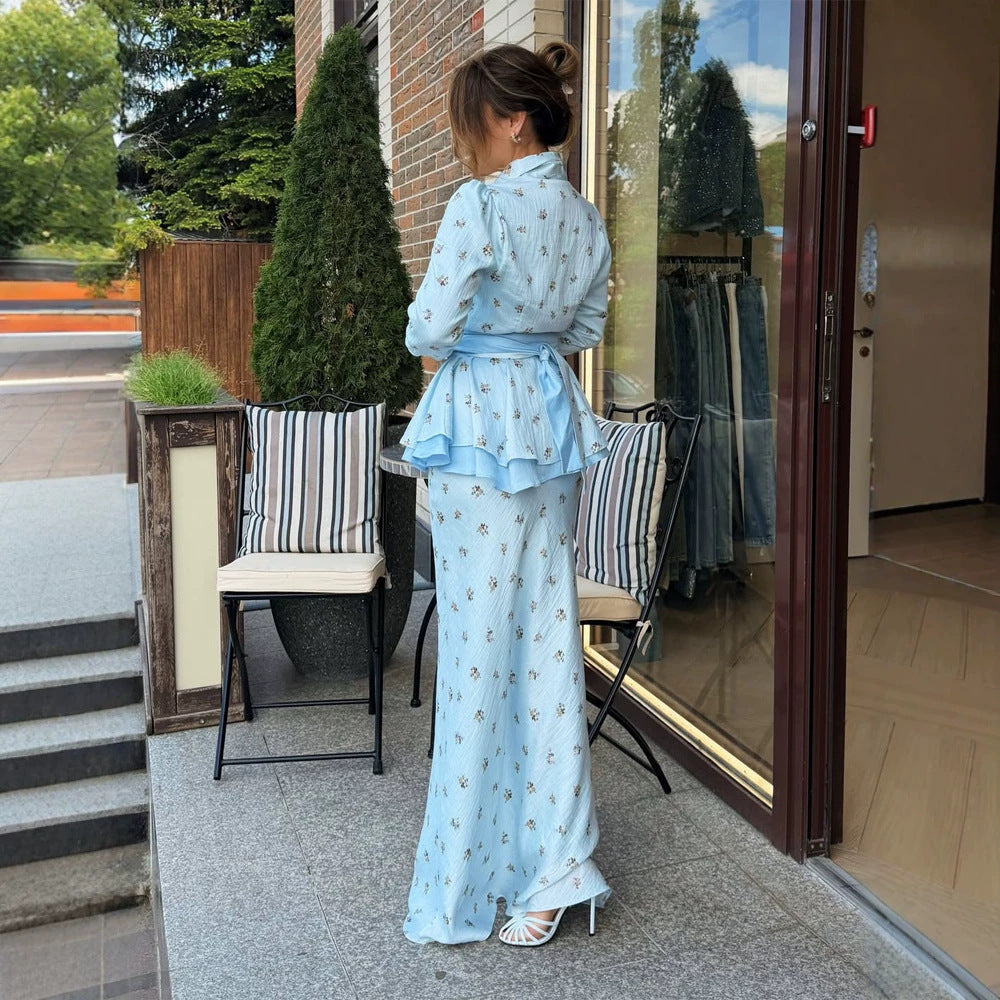 Women Two-Piece Wrap Set with Peplum Jacket and Figure-Hugging Maxi Skirt EVA-US