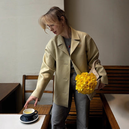 Women Boxy Oversized Blazer Jacket made of vegan leather imitation with dropped shoulder EVA-US