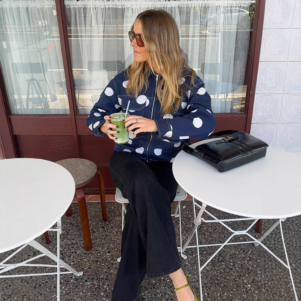 Women's wide cargo pants with high waist, polka dot print and visible contrast stitching EVA-US