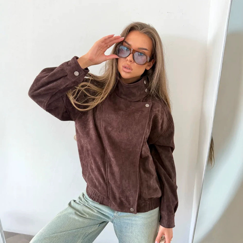 Women Oversize Suede-Look Biker Jacket with High Stand-Up Collar EVA-US