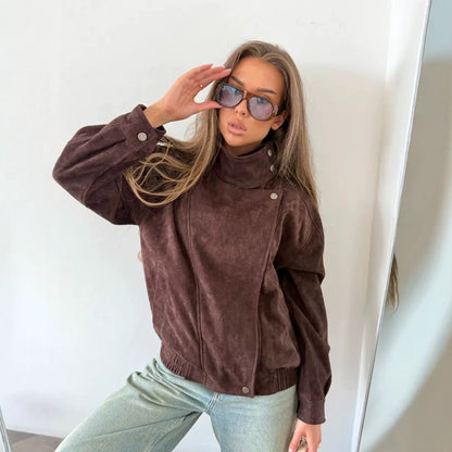 Women Oversize Suede-Look Biker Jacket with High Stand-Up Collar EVA-US