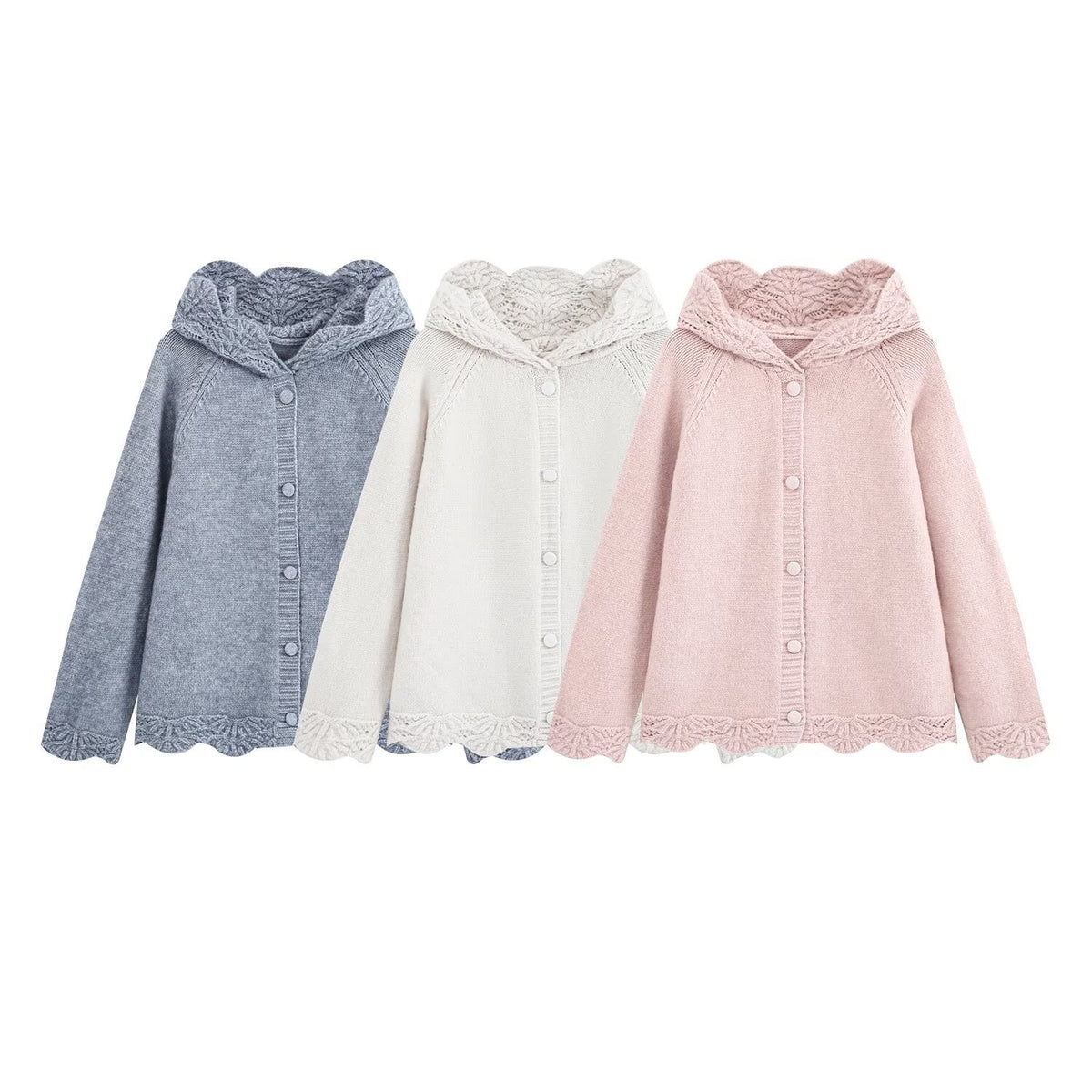 Women's fine knit cardigan with hood, button placket and crocheted trim EVA-US