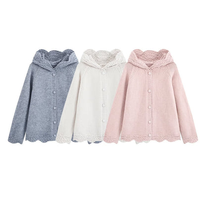 Women's fine knit cardigan with hood, button placket and crocheted trim EVA-US