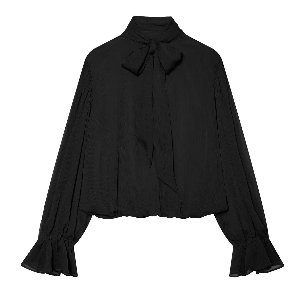Women's chiffon blouse with tie, standing collar, and gathered balloon sleeves EVA-US
