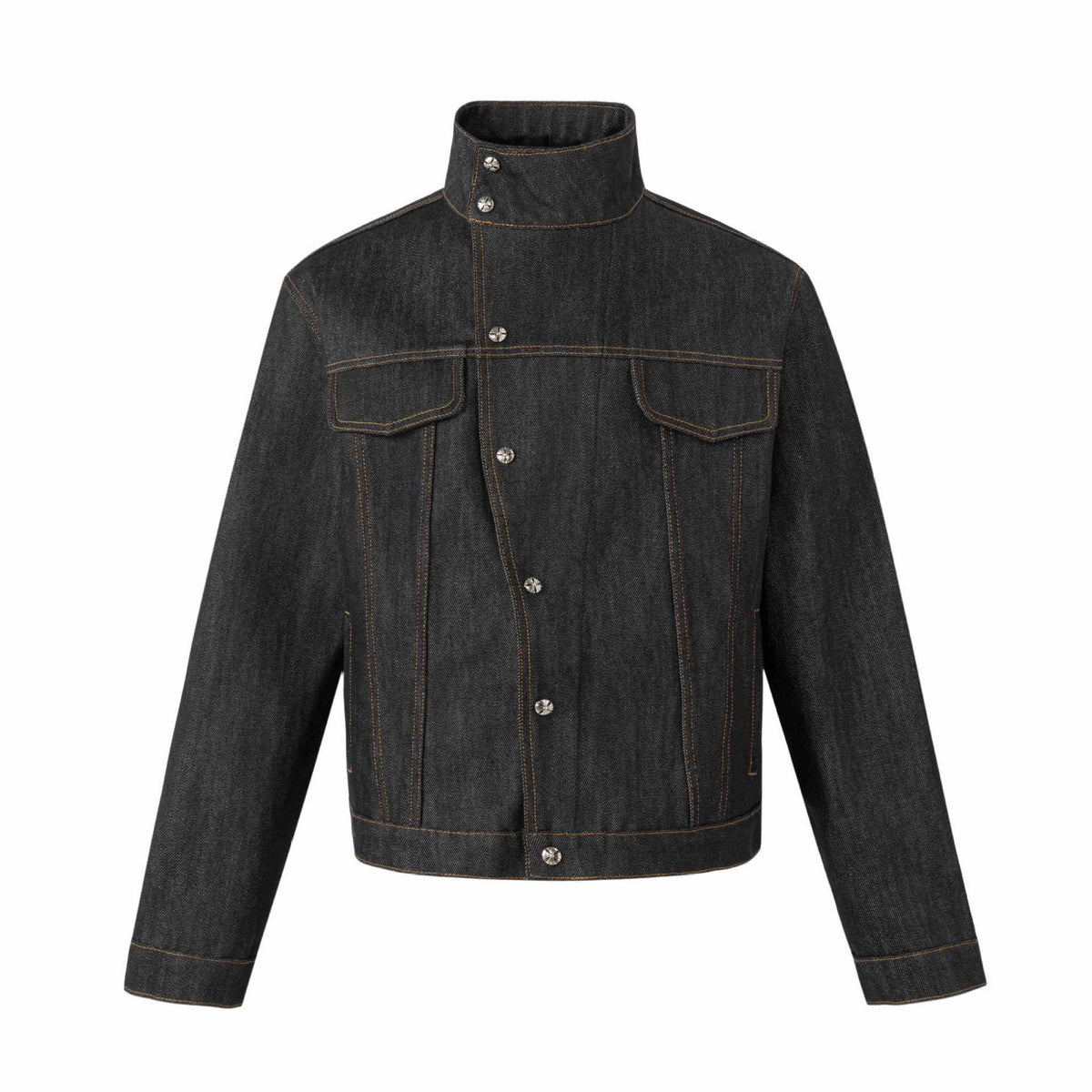 Unisex Short Cut Denim Jacket with High Stand-Up Collar and Decorative Seams EVA-US