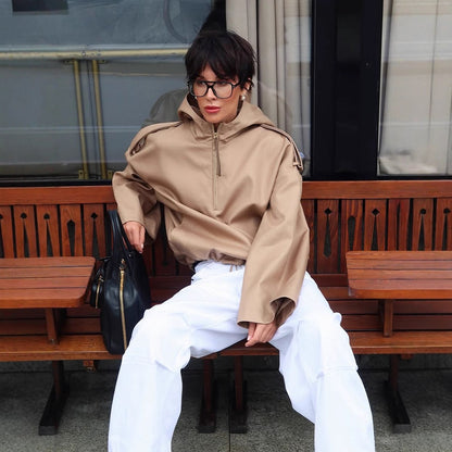 Women's Oversize Hooded Pullover Jacket with Half Zipper and Shoulder Yoke EVA-US
