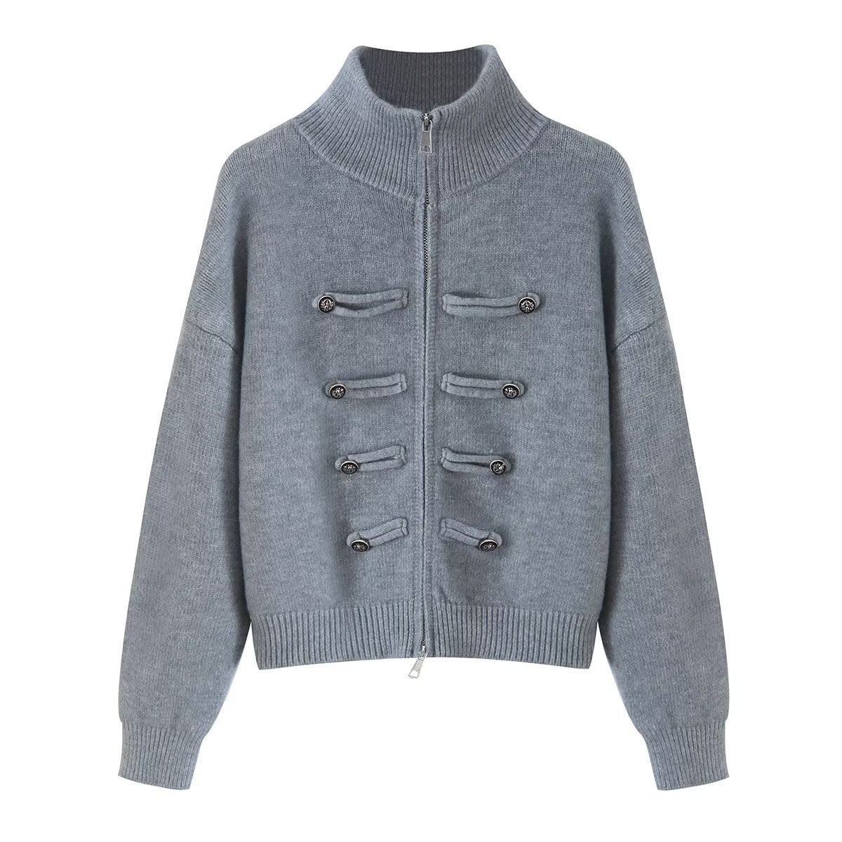 Ladies cardigan with stand-up collar, zipper and decorative knot trims EVA-US