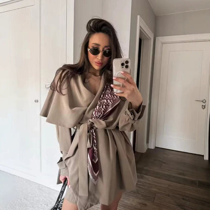 Women's Short Asymmetrical Wrap Coat with Ruffle Overlay and Tie Belt EVA-US