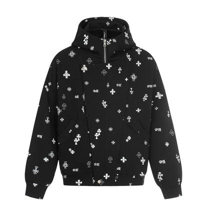 Unisex Boxy Hoodie Jacket with Half Zipper and Allover Print EVA-US