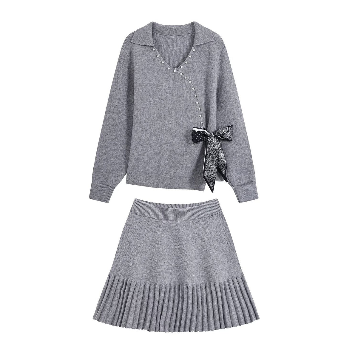 Ladies Two-Piece Fine Knit Set with V-Wrap Top, Bead Trim and Pleated Midi Skirt EVA-US
