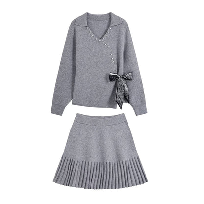 Ladies Two-Piece Fine Knit Set with V-Wrap Top, Bead Trim and Pleated Midi Skirt EVA-US