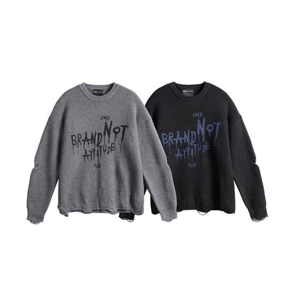 Unisex Oversize Knit Sweater with Destroyed Details and Statement Print EVA-US