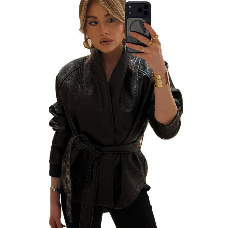 Women's Tailored Leather Jacket with Wrap Belt and Kimono Collar EVA-US