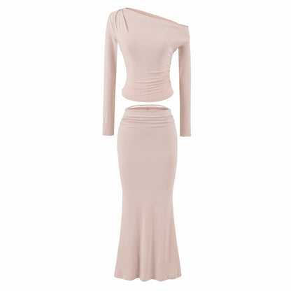 Women's One-Shoulder Two-Piece Set with Ruched Crop Top and Fitted Maxi Skirt EVA-US