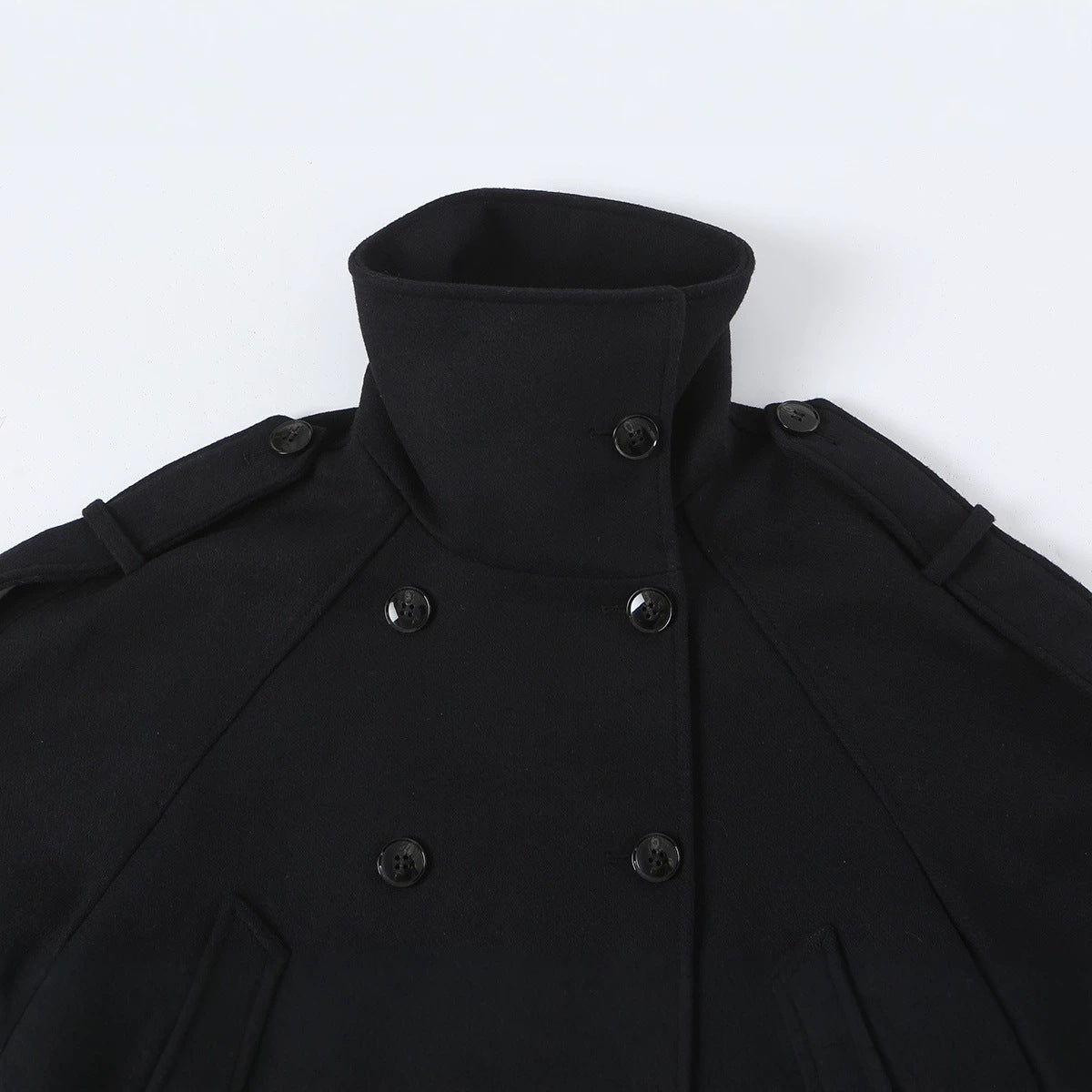 Women's Short Double-Breasted Peacoat with High Standing Collar and Shoulder Straps EVA-US