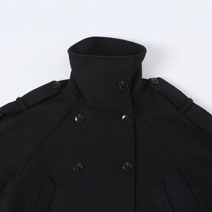 Women's Short Double-Breasted Peacoat with High Standing Collar and Shoulder Straps EVA-US