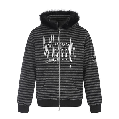 Unisex hoodie zip jacket with faux fur trim, striped pattern and front print EVA-US