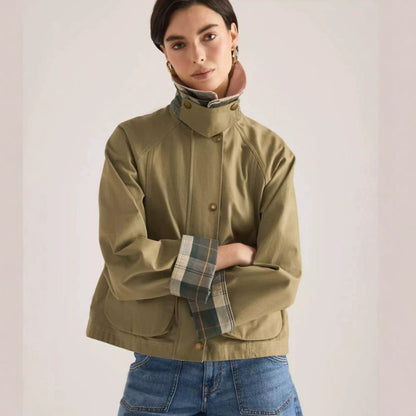 Women's transitional jacket with corduroy collar, checkered inner cuffs, and patch pockets EVA-US