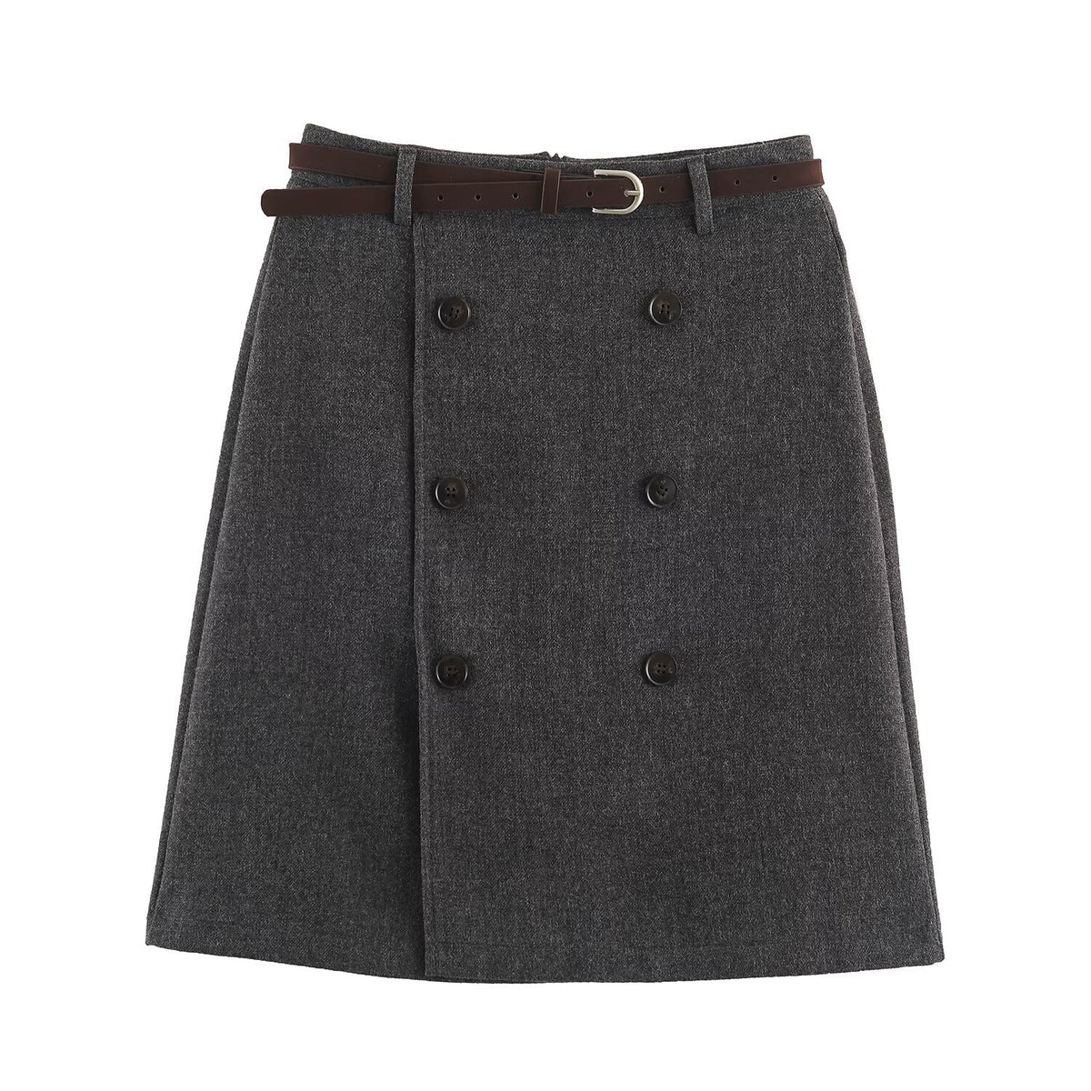 Women's midi skirt in A-line cut with double-breasted button placket and waist belt EVA-US