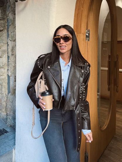 Women's Short Studded Biker Jacket Made of Faux Leather with Waist Belt EVA-US