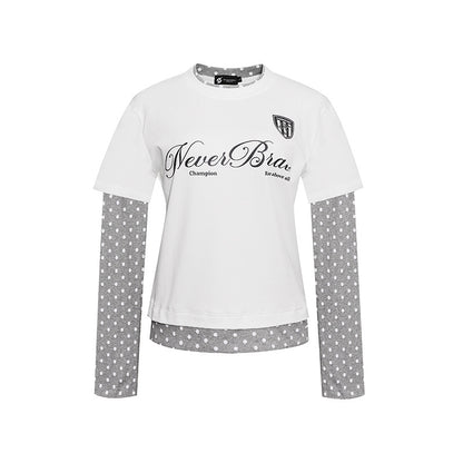 Women's Layered Long Sleeve Shirt with Polka Dot Inner Layer and Calligraphic Statement Print EVA-US