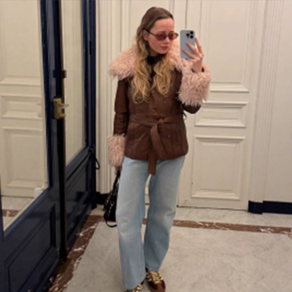 Women's Tailored Faux Leather Jacket with Tied Belt, Opulent Removable Faux Fur Shawl Collar and Fur Cuffs EVA-US