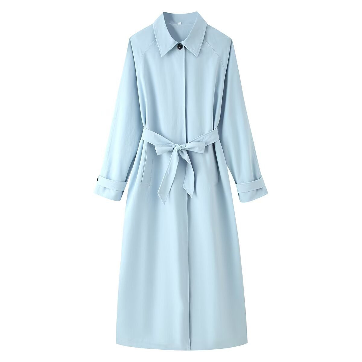 Women's Light Maxi Trench Coat with Concealed Button Placket, Ties Belt and Shirt Collar EVA-US
