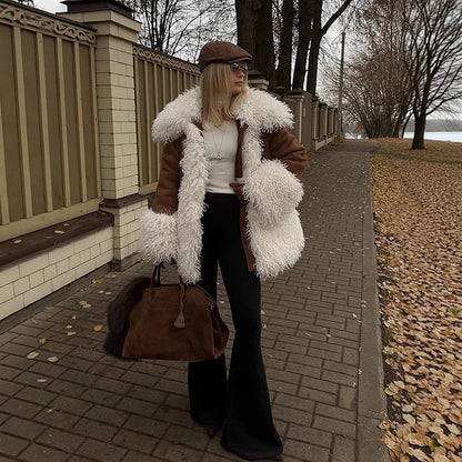 Women's short coat in lamb fur look with voluminous curly collar and contrast trim EVA-US