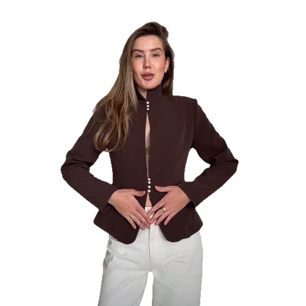 Women's Tailored Blazer with Stand Collar and Pearl Button Placket EVA-US