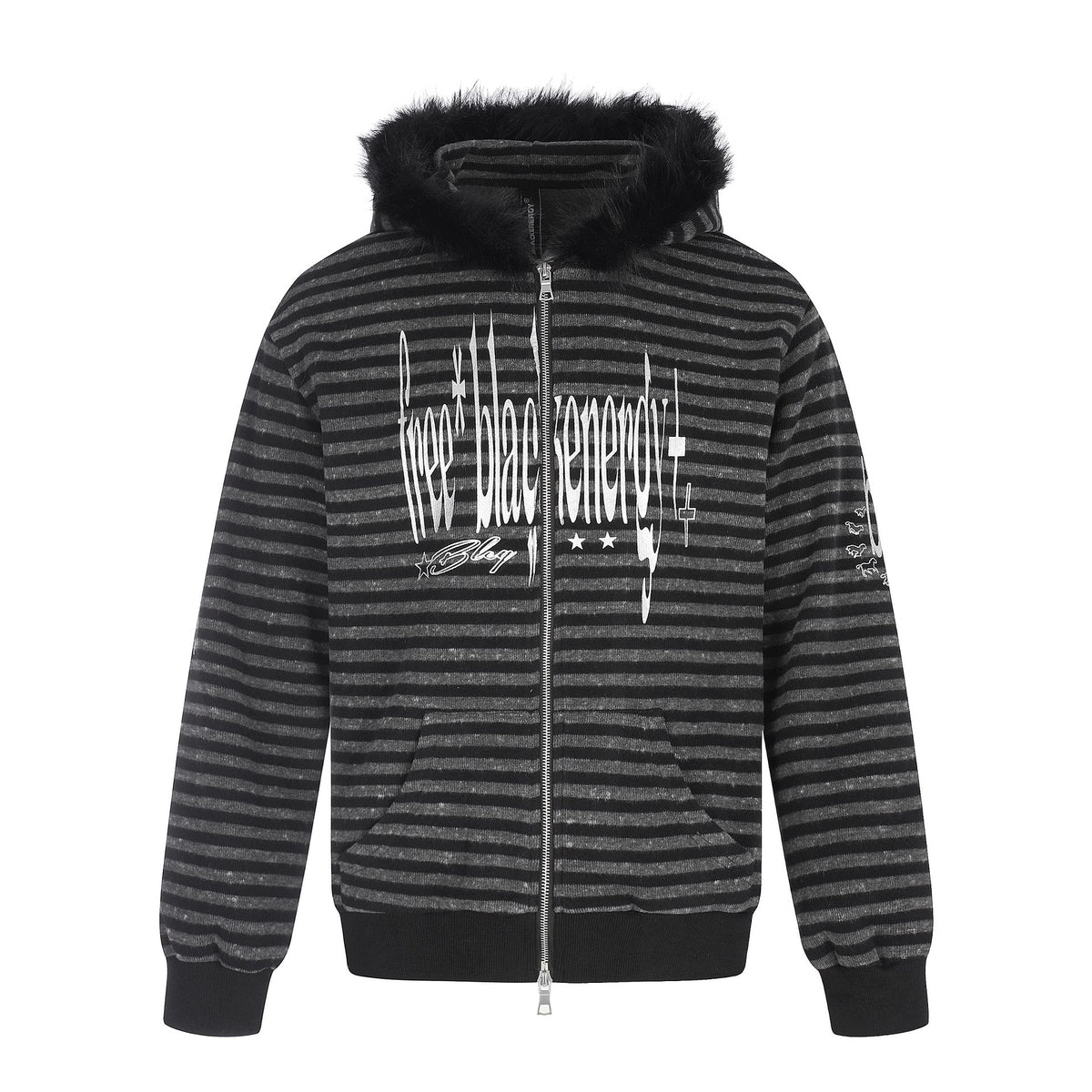 Unisex hoodie zip jacket with faux fur trim, striped pattern and front print EVA-US