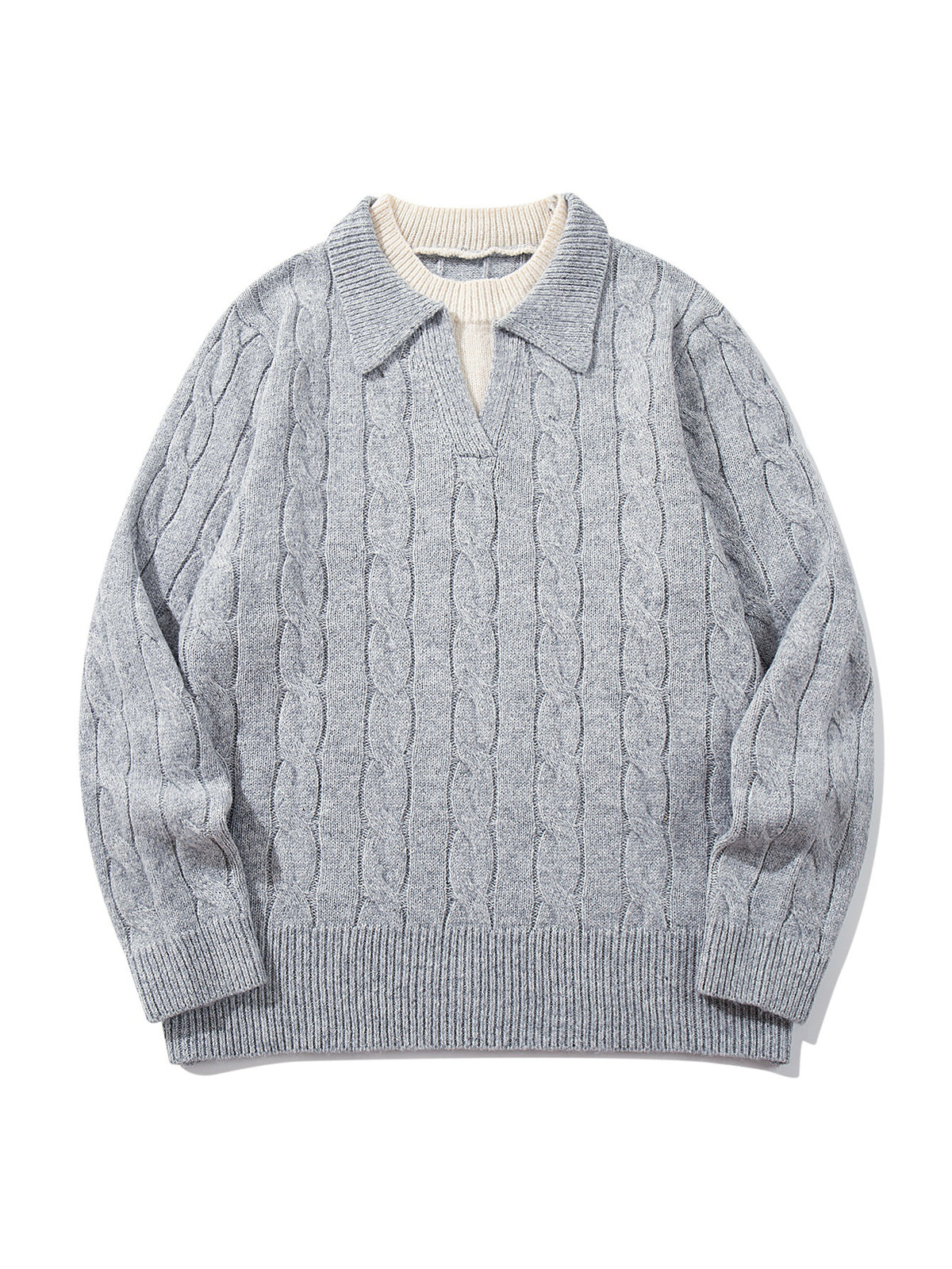 Unisex Structured Cable Knit Sweater with Polo Collar and Deep V-Neck EVA-US