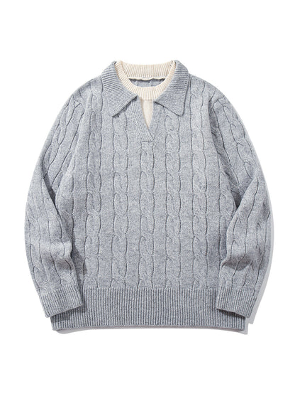 Unisex Structured Cable Knit Sweater with Polo Collar and Deep V-Neck EVA-US