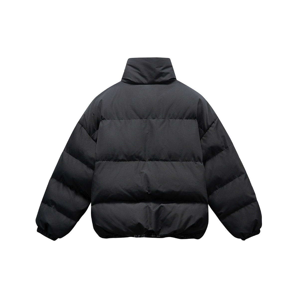 Unisex short boxy padded insulation jacket with extra high stand-up collar and checked lining EVA-US