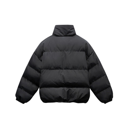 Unisex short boxy padded insulation jacket with extra high stand-up collar and checked lining EVA-US