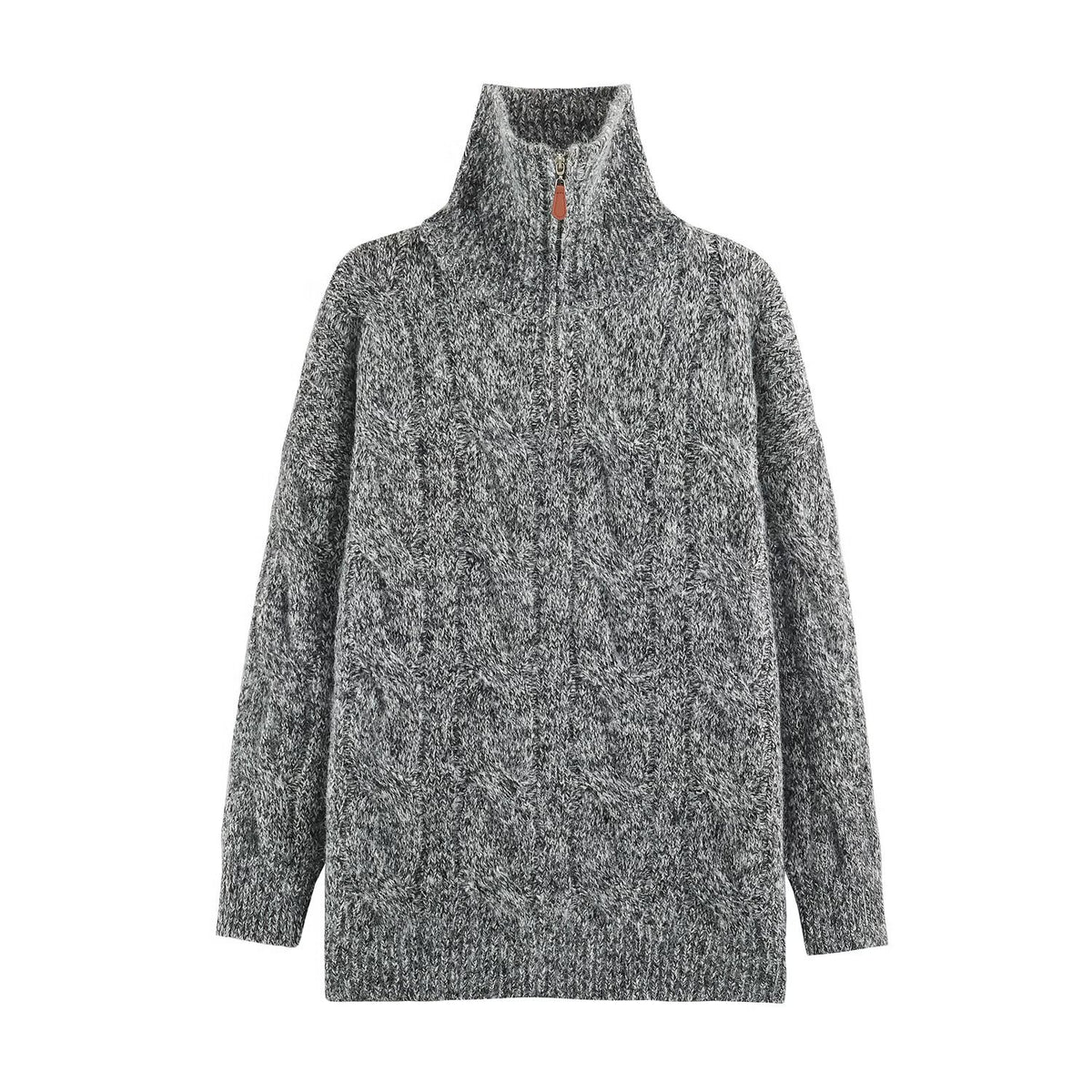Women's Chunky Knit Long Sweater with Cable Pattern and Half-High Zip Collar EVA-US