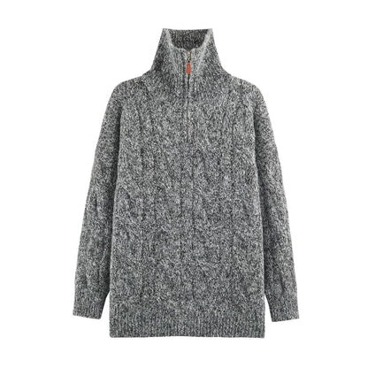 Women's Chunky Knit Long Sweater with Cable Pattern and Half-High Zip Collar EVA-US