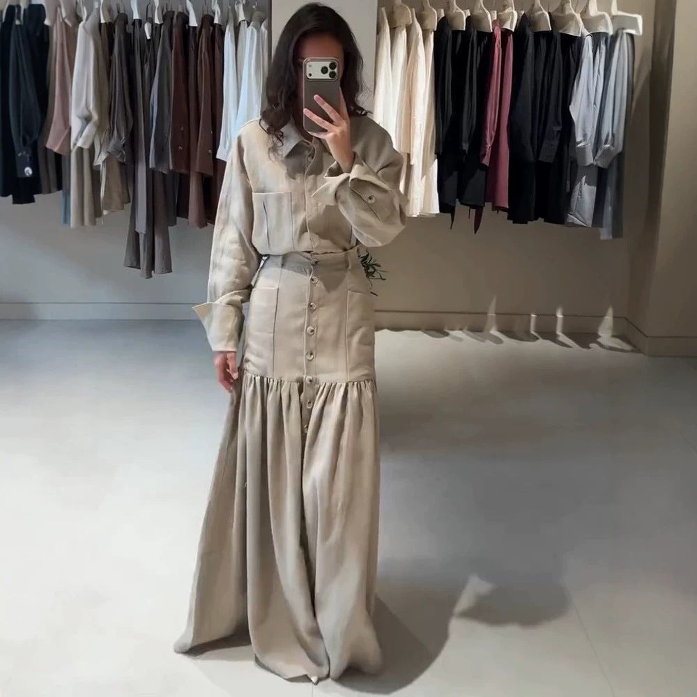 Women Two-Piece Oversized Shirt and Maxi Skirt Set with High Waist & Continuous Button Placket EVA-US