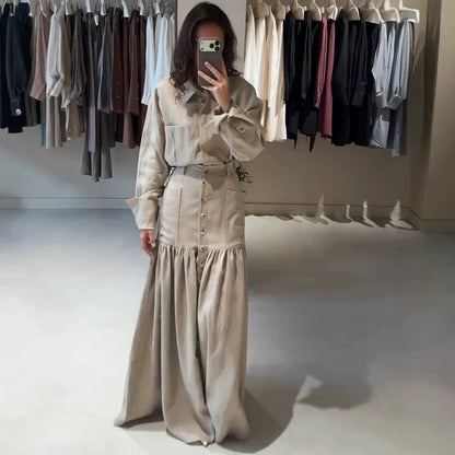 Women Two-Piece Oversized Shirt and Maxi Skirt Set with High Waist & Continuous Button Placket EVA-US